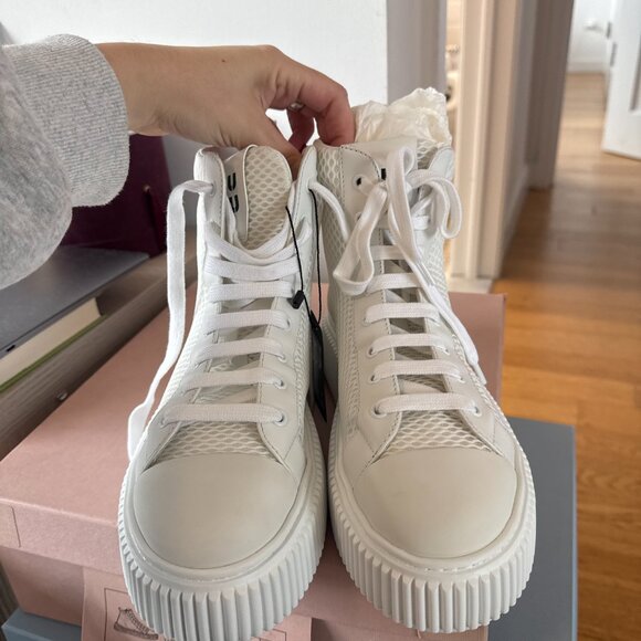 NWT Miu Miu Platform High Top Sneakers White Mesh Lace Up Sz 39 - Picture 5 of 8